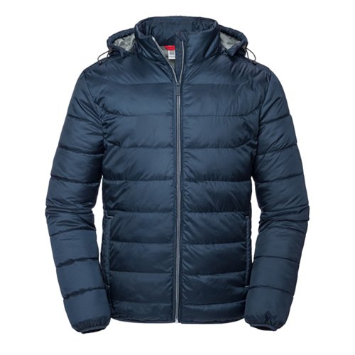Marineblauwe gewatteerde jas van polyester met capuchon voor heren.