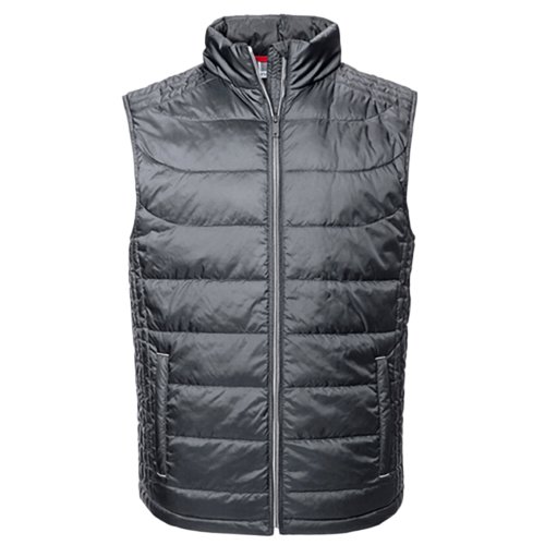Grijs polyester gewatteerd vest met volledige ritssluiting en zakken.