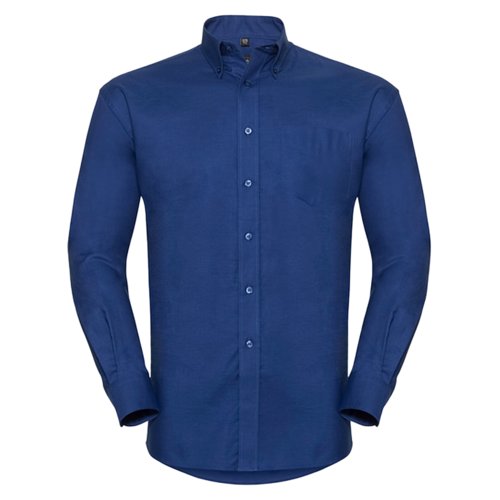 Blauw katoen-polyester herenoverhemd met lange mouwen.
