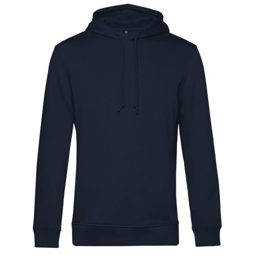 Marineblauwe hoodie van biologisch katoen-polyester mix met capuchon en trekkoord.
