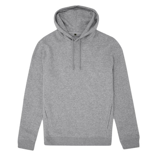 Grijs gemêleerde hoodie van biologisch katoen en gerecycled polyester.