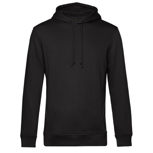 Zwarte katoen-polyester hoodie met capuchon en trekkoord.