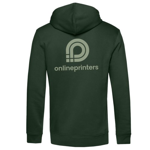 Donkergroene hoodie van biologisch katoen en gerecycled polyester met capuchon.