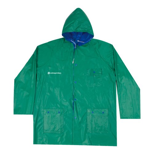 Blauw-groene synthetische regenjas, omkeerbaar met capuchon en zakken.