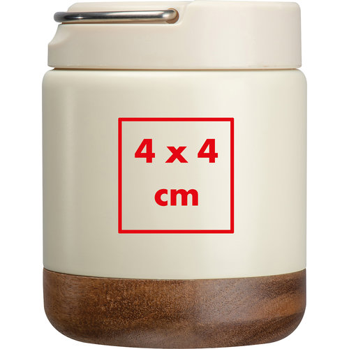 Beige metalen voedselcontainer met houten voet en handvat.