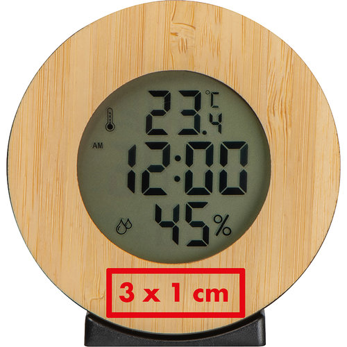 Houten weerstation met digitaal display en sensoren.