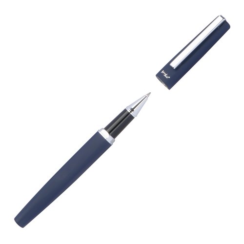 Donkerblauwe schrijfset met balpen en etui.