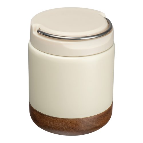 Witte voedselcontainer met roestvrijstalen draadbeugel.
