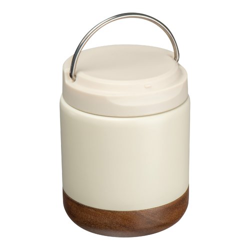 Witte voedselcontainer met houten voet en metalen handvat.
