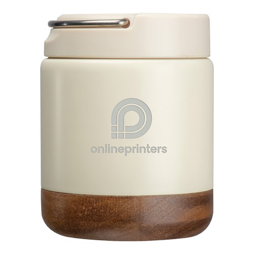 Beige roestvrijstalen voedselcontainer met houten voet en handvat.