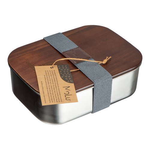Zilvergrijze metalen en houten lunchbox met sluitband.