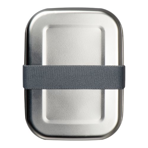 Zilvergrijze metalen lunchbox met rubberen band.