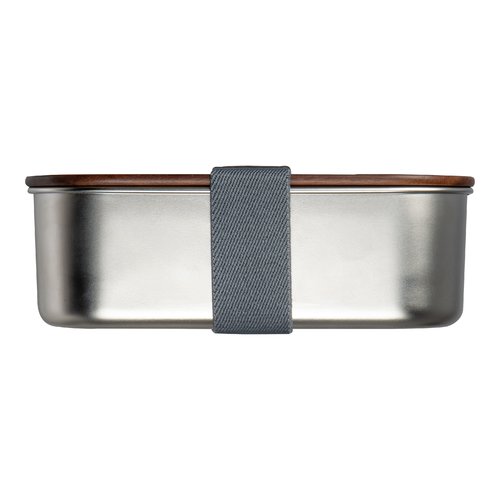 Zilvergrijze metalen lunchbox met houten deksel en elastiek.