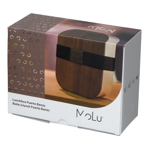 Zilvergrijze lunchbox met houten deksel en elastische band.