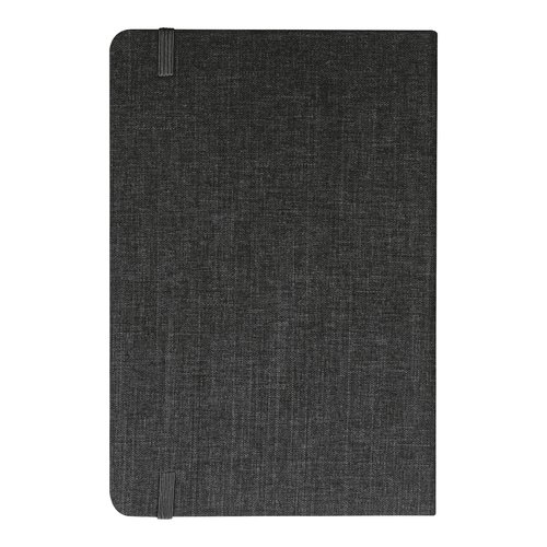 Zwart notitieboek met elastische sluiting.