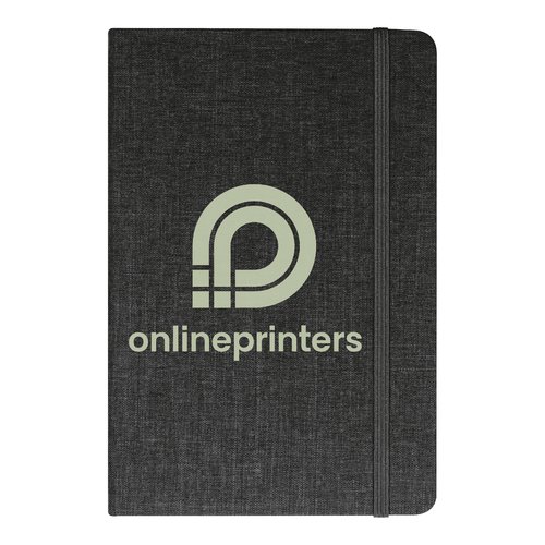 Grijs notitieboek met elastische bandsluiting.