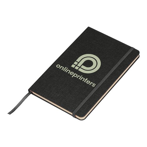 Zwart notitieboek met elastische band en lint.