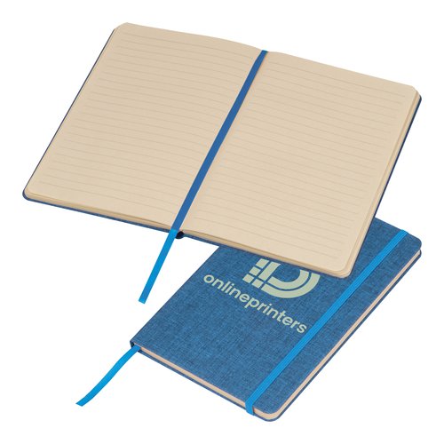Blauw notitieboek met elastische sluiting en lint bladwijzer.