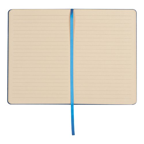 Blauw notitieboek met gelinieerde pagina's en lintbladwijzer.