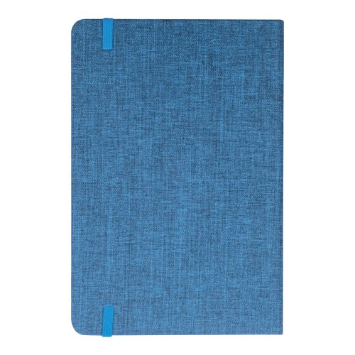 Blauw notitieboek met elastische bandsluiting.