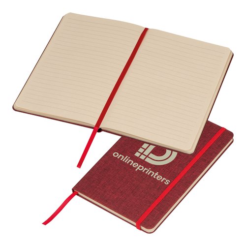 Rood notitieboek met elastiek en leeslint.