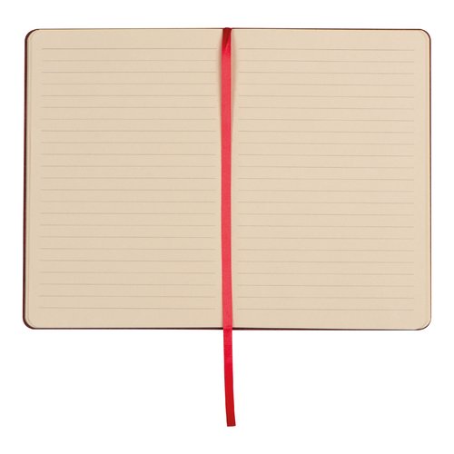 Rood notitieboek met bladwijzerlint en gelinieerde pagina's.