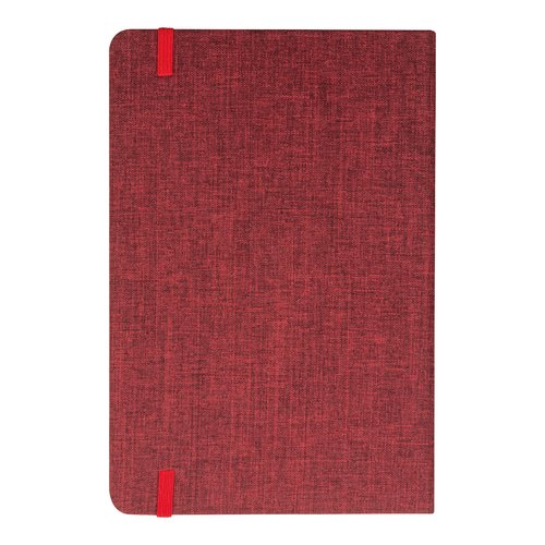 Rood notitieboek met elastische sluiting.
