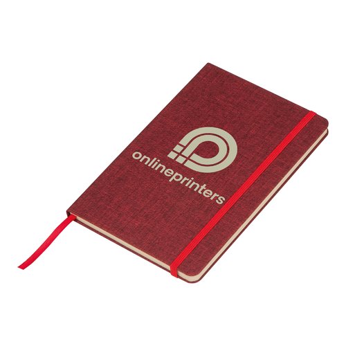 Rode notitieboek met elastische band en bladwijzer.