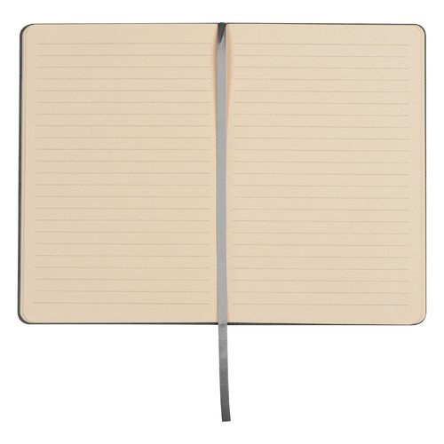 Zilvergrijs notitieboek met harde kaft en bladwijzer.