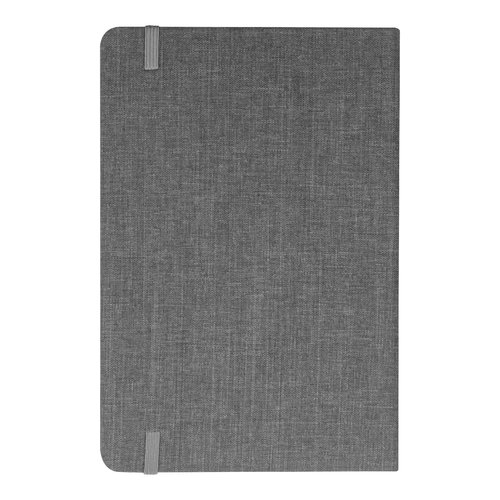 Zilvergrijs notitieboek met elastische bandsluiting.