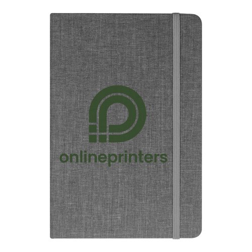 Zilvergrijs notitieboek met elastische sluiting.