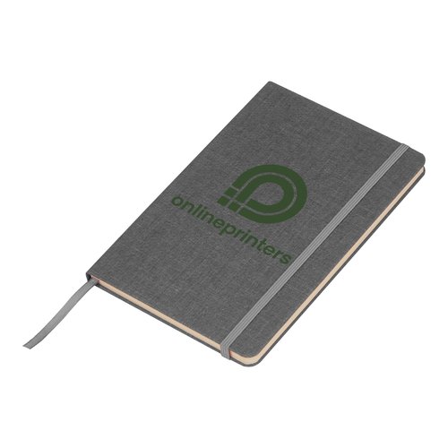 Zilvergrijs notitieboek met elastische sluiting en leeslint.
