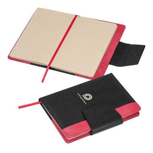 Rood notitieboek met magneetsluiting en leeslint.