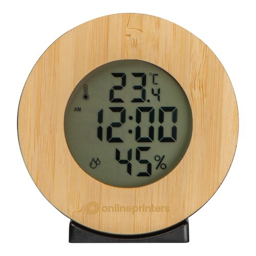 Houten weerstation met digitaal display en zwarte voet.