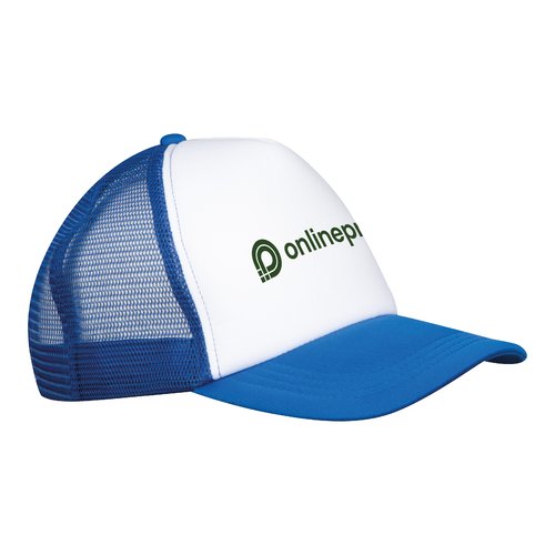 Blauwe trucker cap van polyester met mesh inzetstuk.