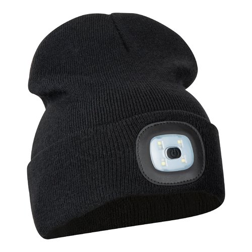 Zwarte gebreide beanie met geïntegreerde LED-lamp.