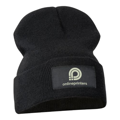 Zwarte stoffen beanie met LED-lampje.