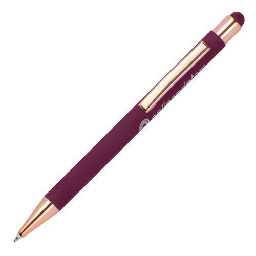 Bordeauxrode metalen balpen met stylus en clip.
