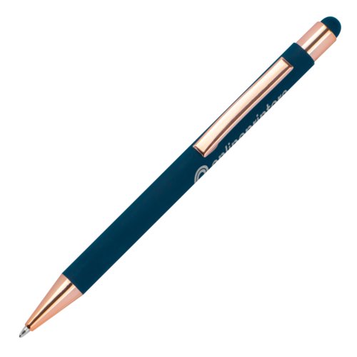 Donkerblauwe metalen balpen met touchpen punt.
