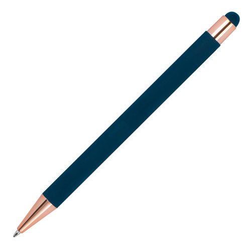 Donkerblauwe balpen met styluspen en metalen elementen.