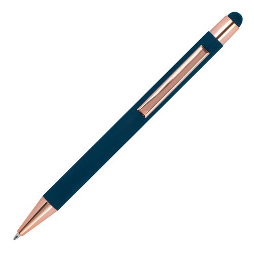Donkerblauwe balpen met touch-pen en clip.