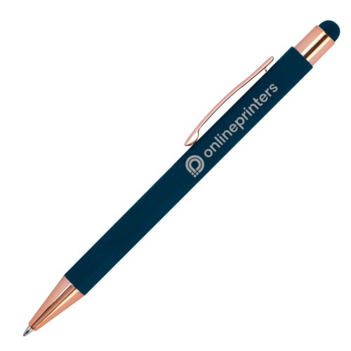 Donkerblauwe metalen balpen met touch-pen en clip.