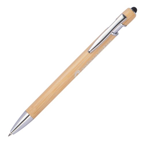 Beige houten balpen met clip en touchpen.