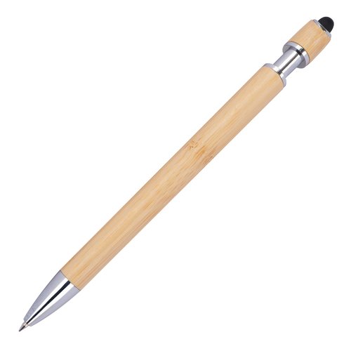Beige bamboe balpen met metalen details.