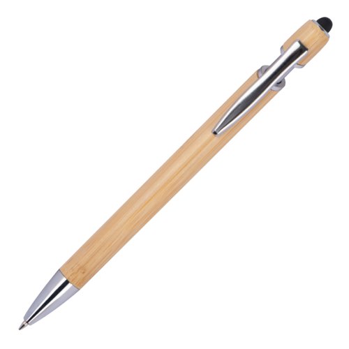 Beige bamboe balpen met clip en stylus tip.