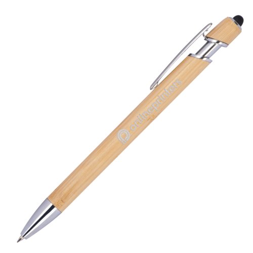 Houtkleurige bamboe balpen met touchpen en clip.