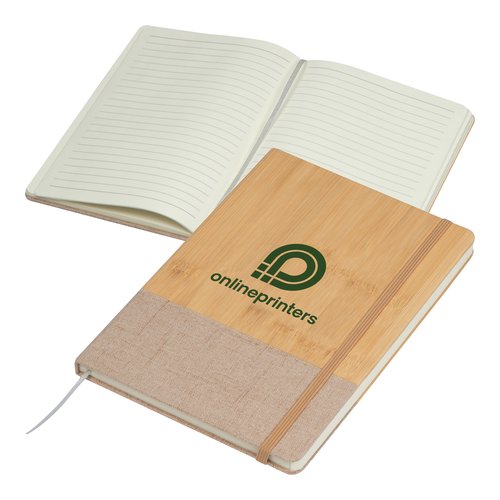 Beige bamboe notitieboek met bladwijzer en elastiek.