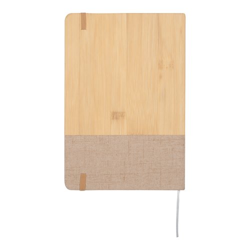 Beige notitieboek van bamboe en stof met elastische band.