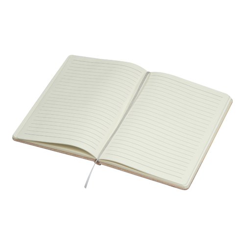 Beige notitieboek met gelinieerde pagina's en bladwijzer.