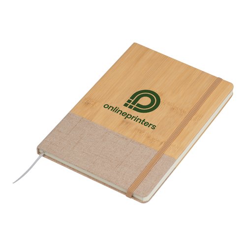 Beige notitieboek met bamboe omslag en elastische sluiting.